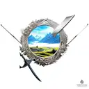  magical world of the lord of the rings: landscapes, flowers, objects, sword, bow with arrows, rings tattoo design idea