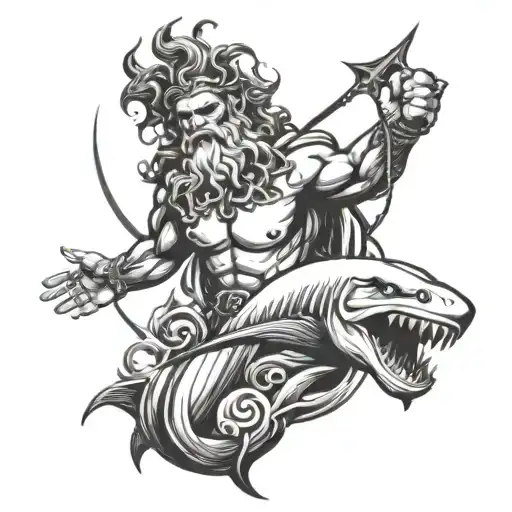 poseidon god with shark surrounded tattoo design idea