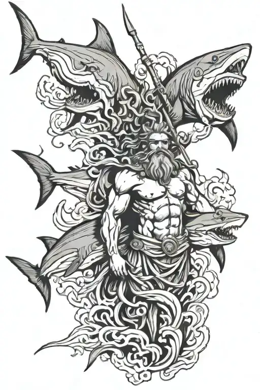 poseidon god with sharks tattoo design idea