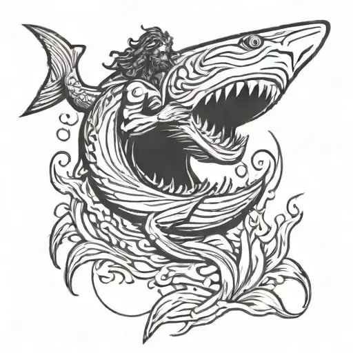 poseidon god with shark swimming tattoo design idea