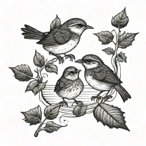 baby wren and ivy leaves sunset over beach scene tattoo design idea