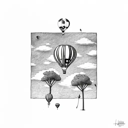hot air balloon floating above a field of wildflowers tattoo design idea