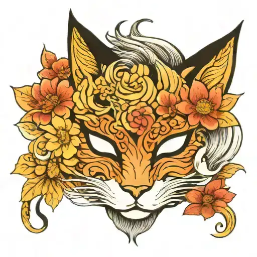 kitsune mask floral lady head tattoo design idea