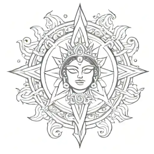 A sketch style tattoo of a Devi trident surrounded by swirling chakra symbols tattoo design idea