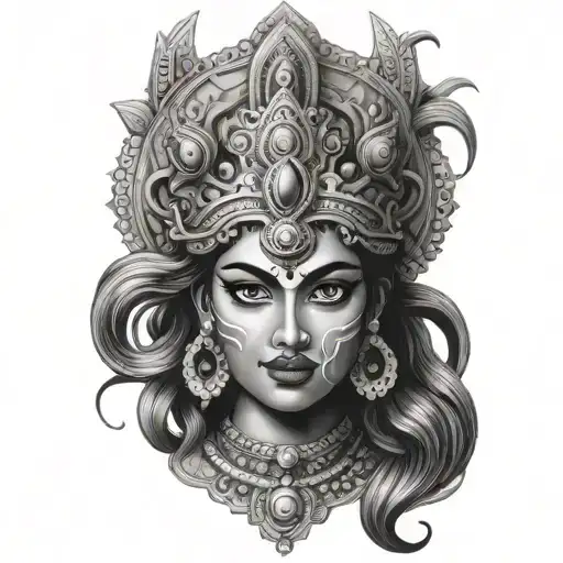 A portrait of a powerful Hindu goddess such as Kali or Durga, with intricate detailing and symbolism representing strength and protection tattoo design idea