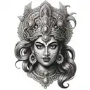 A portrait of a powerful Hindu goddess such as Kali or Durga, with intricate detailing and symbolism representing strength and protection tattoo design idea