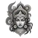 A portrait of a powerful Hindu goddess such as Kali or Durga, with intricate detailing and symbolism representing strength and protection tattoo design idea