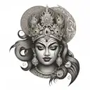 A portrait of a powerful Hindu goddess such as Kali or Durga, with intricate detailing and symbolism representing strength and protection tattoo design idea