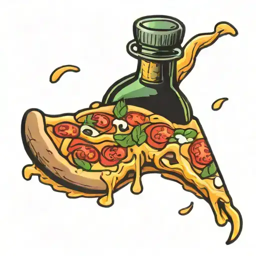 pizza slice crossed with a bottle of champagne bottle tattoo design idea