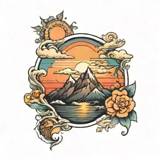 ocean, mountains, sunset background tattoo design idea