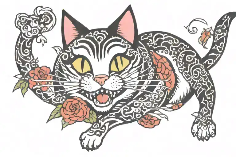 smiling cat from alice wonderland fall tattoo design idea