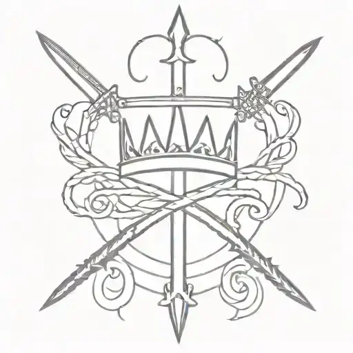 Crown with a sword and a letter W between two armband lines symbolizing paganism and christianity tattoo design idea