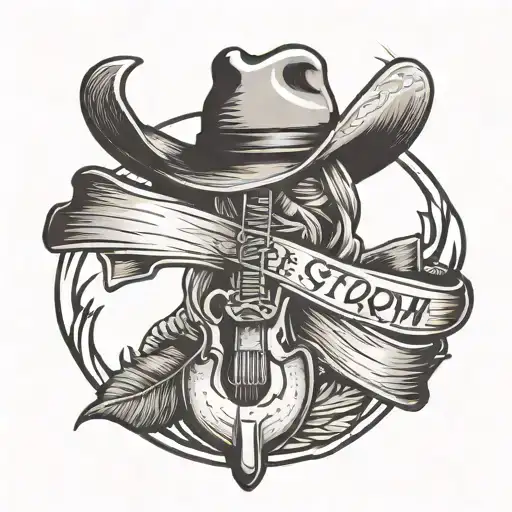cross with rifle leaning cowboy hat on top with rope off of arm and every storm runs out of rain written above it tattoo design idea