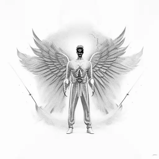 ascendend man with wings in heaven fighting a battle against his own demons tattoo design idea