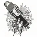 A mechanical arm holding a microphone, symbolizing the client's love for music and mechanical work tattoo design idea