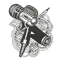 A mechanical arm holding a microphone, symbolizing the client's love for music and mechanical work tattoo design idea