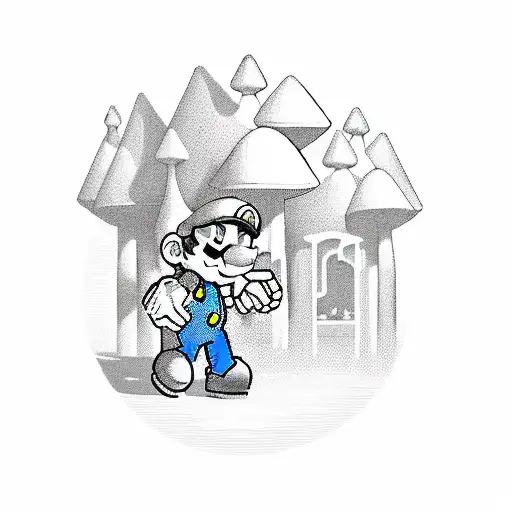 Mario holding the master sword from zelda walking into a mushroom house tattoo design idea