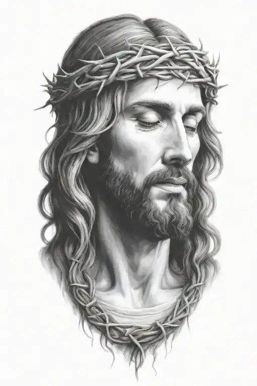 Very Realistic portrait of Jesus Christ looking down with crown of thorns tattoo design idea