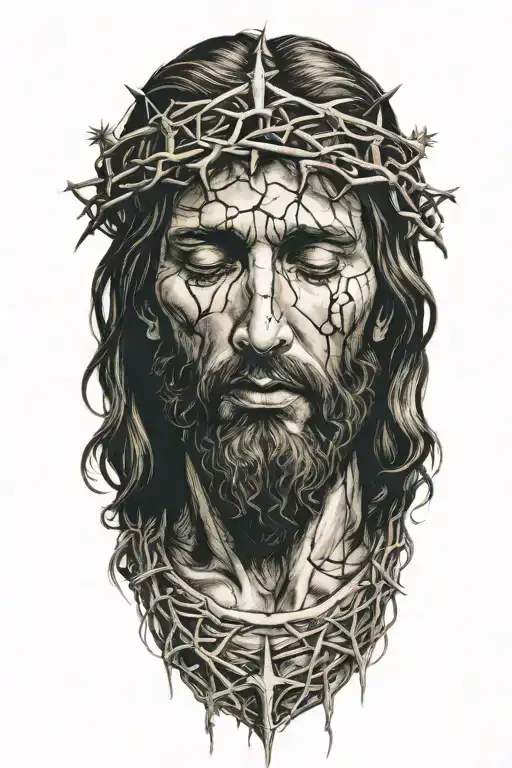 Very Realistic portrait of Jesus Christ looking down with crown of thorns tattoo design idea
