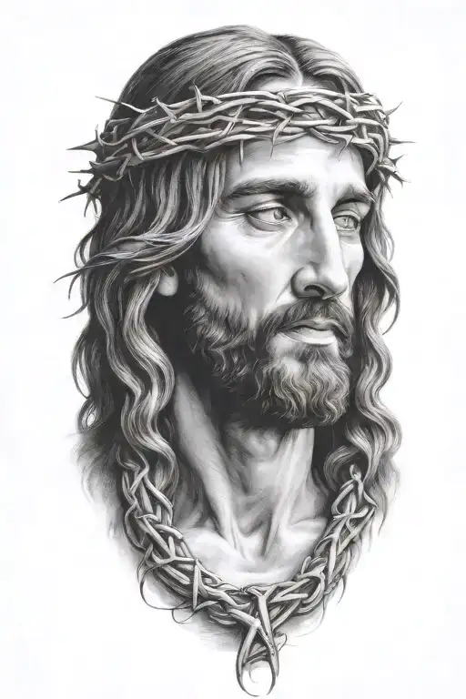 Very Realistic portrait of Jesus Christ looking down with crown of thorns tattoo design idea