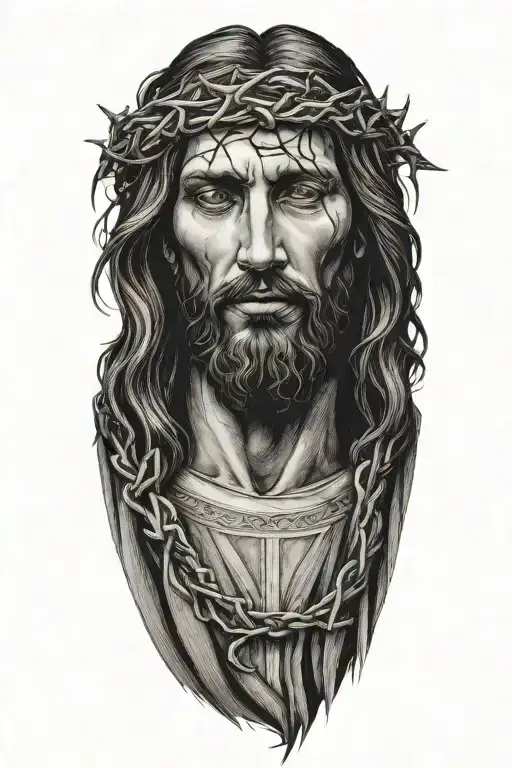 Very Realistic portrait of Jesus Christ looking down with crown of thorns tattoo design idea