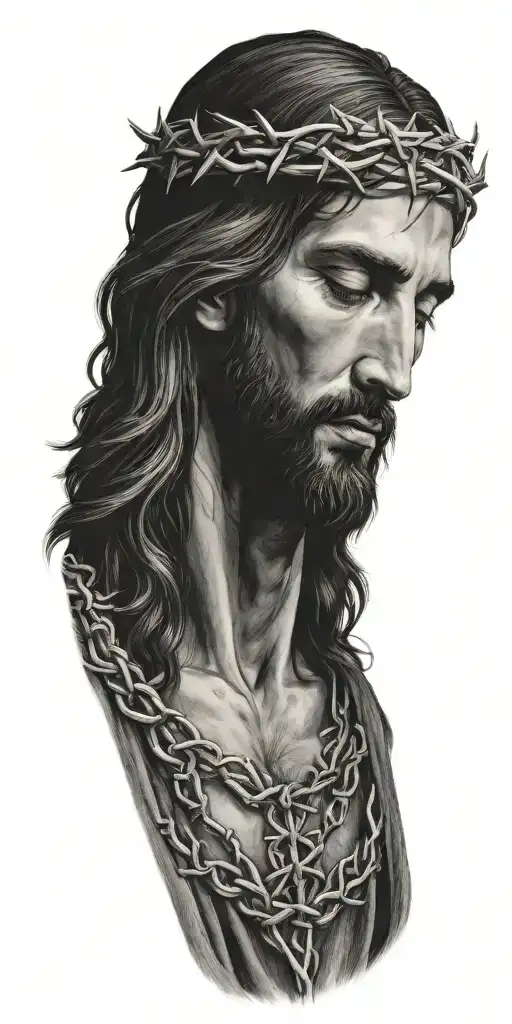 Realistic Jesus Christ portrait looking down wearing a crown of thorns tattoo design idea
