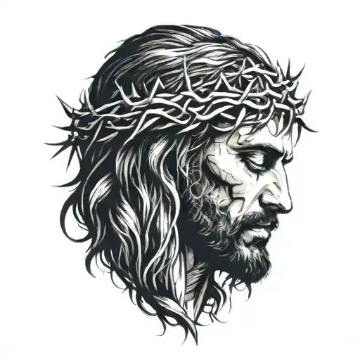 Realistic Jesus Christ looking down with crown of thorns tattoo design idea