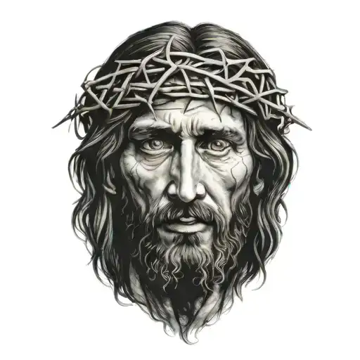 Realistic portrait of Jesus Christ looking down with crown of thorns tattoo design idea