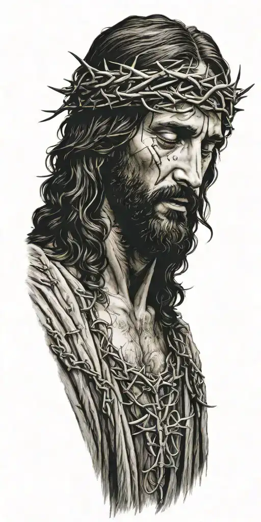 Realistic Jesus Christ portrait in pain wearing a crown of thorns tattoo design idea