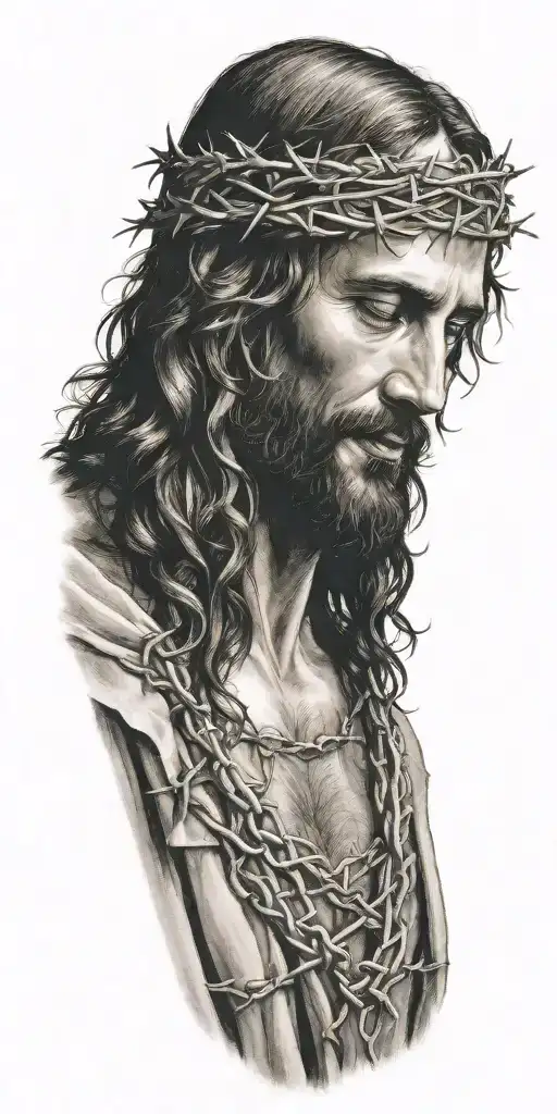 Realistic Jesus portrait with crown of thorns tattoo design idea
