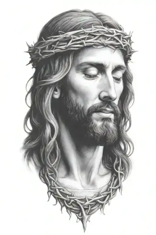 Very Realistic portrait of Jesus Christ looking down with crown of thorns tattoo design idea