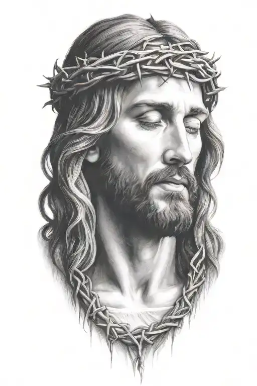 Very Realistic portrait of Jesus Christ looking down with crown of thorns tattoo design idea