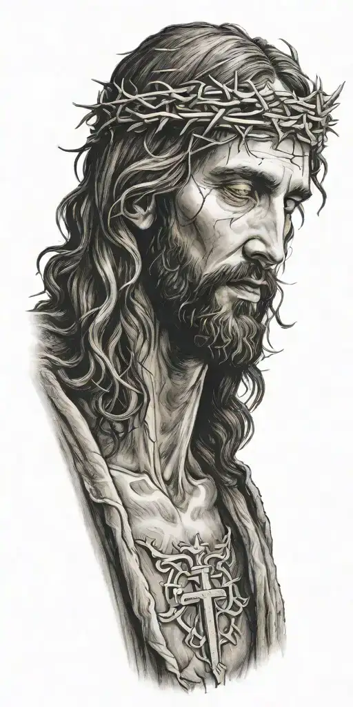 Realistic Jesus portrait with crown of thorns tattoo design idea