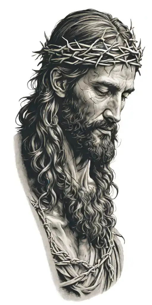 Realistic Jesus portrait with crown of thorns tattoo design idea