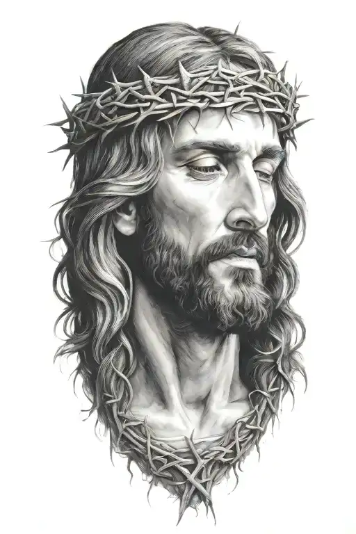 Very Realistic portrait of Jesus Christ looking down with crown of thorns tattoo design idea
