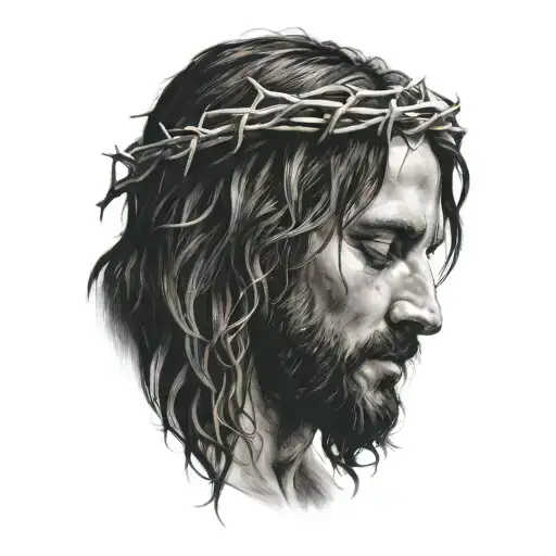 Very Realistic portrait of Jesus Christ looking down with crown of thorns tattoo design idea