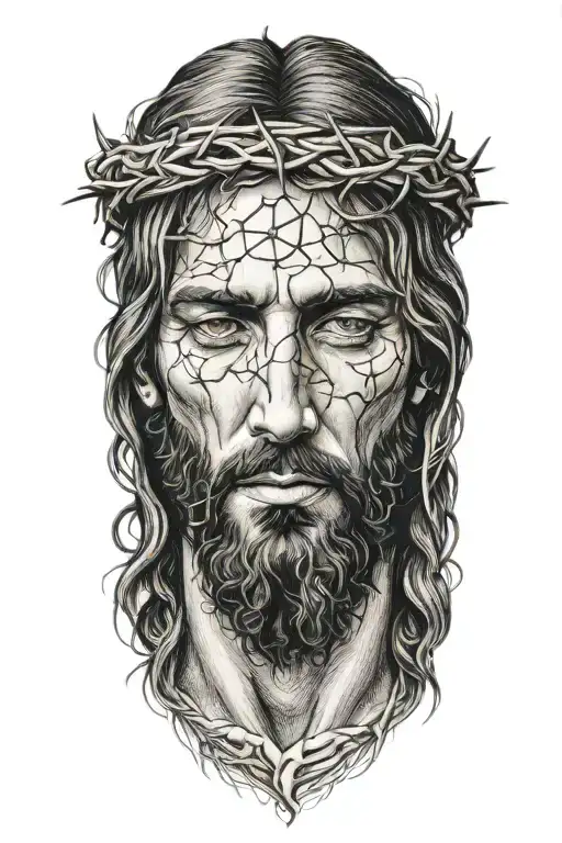 Realistic Jesus portrait with crown of thorns tattoo design idea