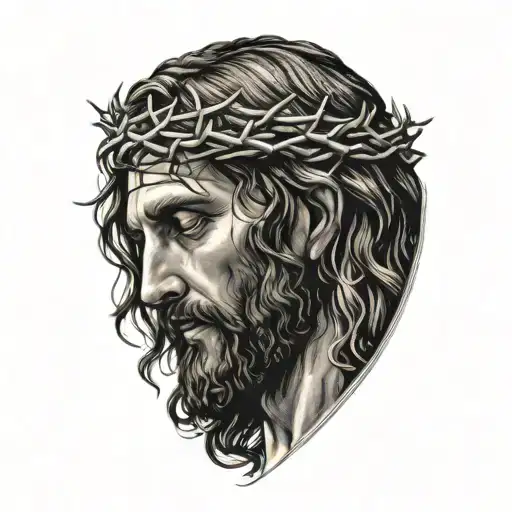Realistic portrait of Jesus Christ looking down with crown of thorns tattoo design idea