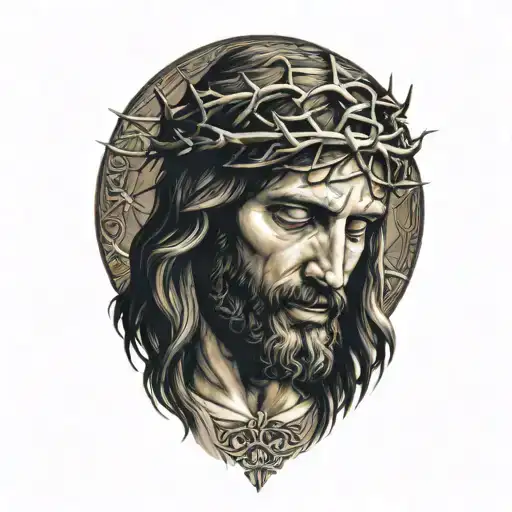 Realistic portrait of Jesus Christ looking down with crown of thorns tattoo design idea