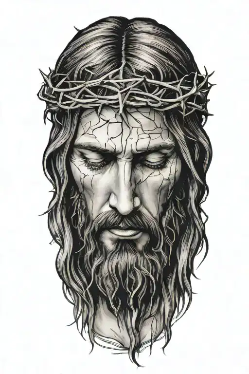 Very Realistic portrait of Jesus Christ looking down with crown of thorns tattoo design idea
