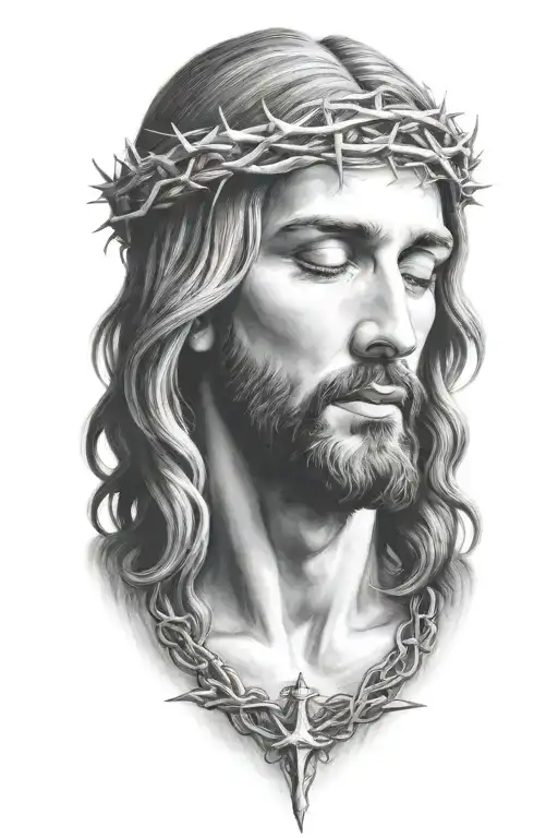 Very Realistic portrait of Jesus Christ looking down with crown of thorns tattoo design idea