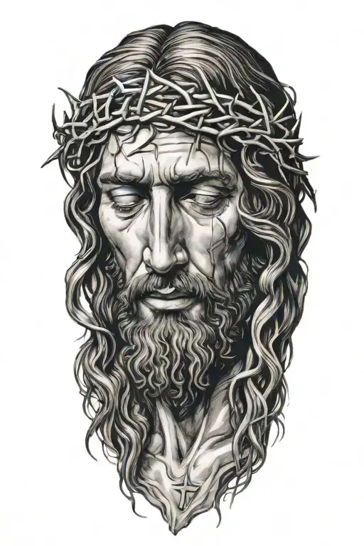 Very Realistic portrait of Jesus Christ looking down with crown of thorns tattoo design idea