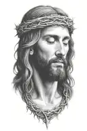 Very Realistic portrait of Jesus Christ looking down with crown of thorns tattoo design idea