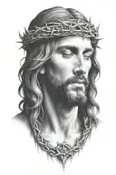 Very Realistic portrait of Jesus Christ looking down with crown of thorns tattoo design idea