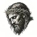 Realistic portrait of Jesus Christ looking down with crown of thorns tattoo design idea