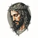 Realistic portrait of Jesus Christ looking down with crown of thorns tattoo design idea