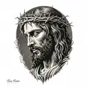 Realistic portrait of Jesus Christ looking down with crown of thorns tattoo design idea