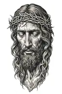 Very Realistic portrait of Jesus Christ looking down with crown of thorns tattoo design idea
