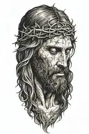Very Realistic portrait of Jesus Christ looking down with crown of thorns tattoo design idea