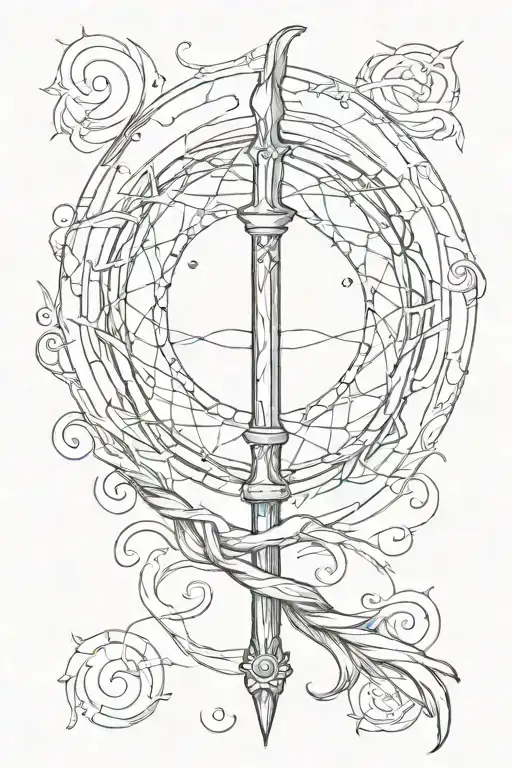 A minimalist tattoo of Gandalf's staff from The Lord of the Rings intertwined with a radiant halo symbolizing Catholicism tattoo design idea